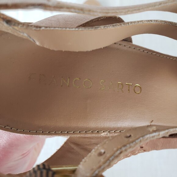 Franco Sarto Dare Nude Leather T-Strap Open Toe Wedge Sandals Womens Size 10 - Picture 8 of 10